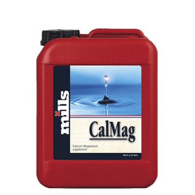 Recipiente vermelho de plástico com etiqueta azul e branca de suplemento CalMag Mills.