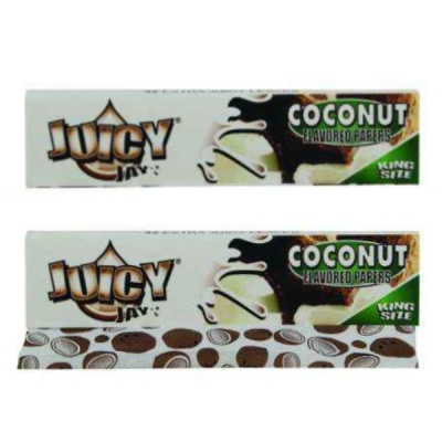 Papel de enrolar sabor coco Juicy Jays com embalagem branca e verde e padrão de cocos no papel