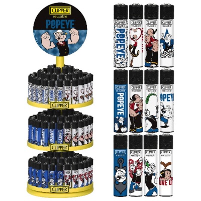 Expositor amarelo com isqueiros Clipper com estampas Popeye em azul e branco.