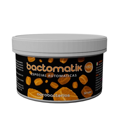 Embalagem preta e branca com texto Bactomatik tabs, especial automáticas, 50 tabs