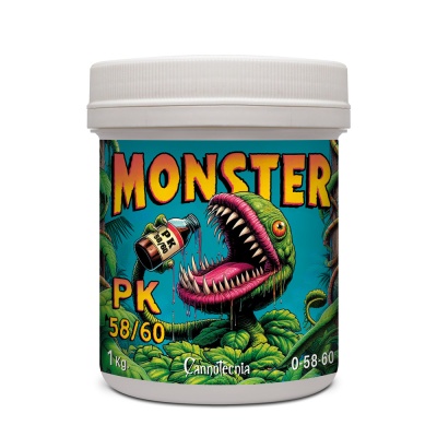 Frasco plástico branco com rótulo ilustrado de planta carnívora e texto MONSTER PK 58/60