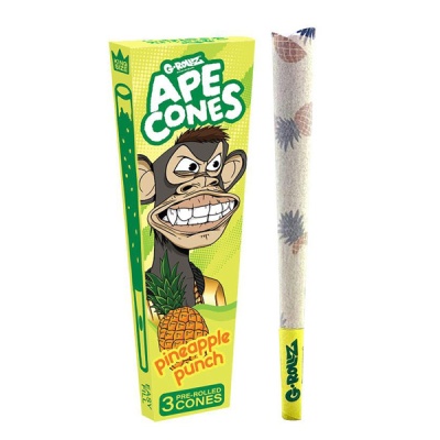 Caixa de cones pré-enrolados com desenho de macaco e cones decorados com abacaxis.
