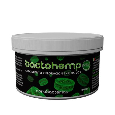 Recipiente com comprimidos Bactohemp tabs em embalagem preta com detalhes verdes