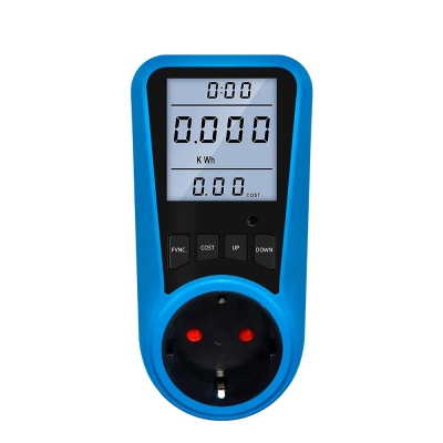 Medidor de consumo elétrico digital azul com ecrã e tomada elétrica