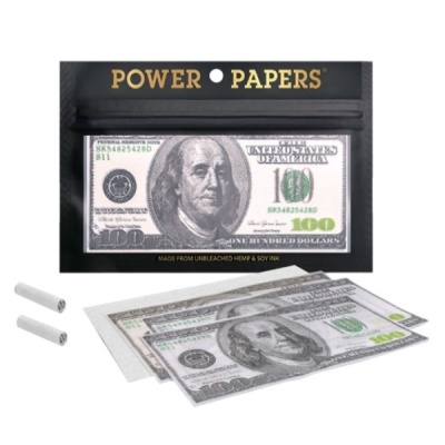 Papel para enrolar Power Papers com estampa de nota de 100 dólares e embalagem preta.