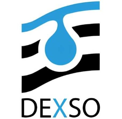 Logótipo abstrato em azul e preto com texto DEXSO