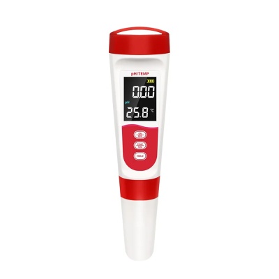Medidor digital de pH e temperatura branco e vermelho com ecrã digital