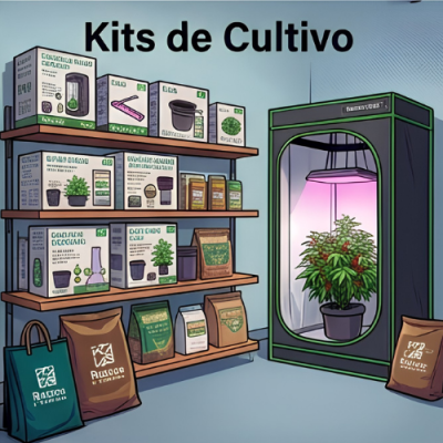 Kits de cultivo em caixas e uma estufa com plantas em vaso e sacos no chão.