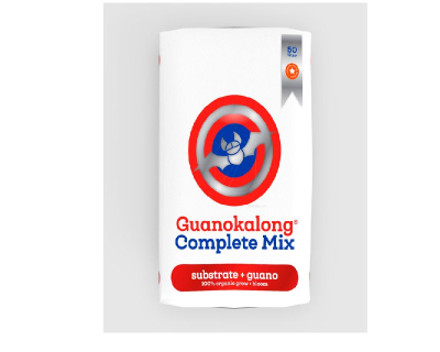Saco branco de substrato com texto vermelho e azul e selo indicando 50 litros