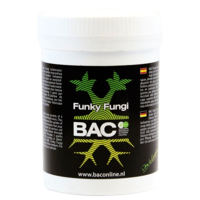 Frasco branco de Funky Fungi BAC com rótulo preto e detalhes gráficos ver e amarelos