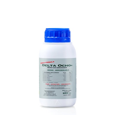 Frasco branco de adubo hidrossolúvel Delta Ocho com tampa azul e rótulo detalhado em espanhol