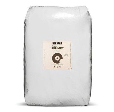 Saco branco de plástico com etiqueta BIOBIZZ PRE-MIX e selo de vegan