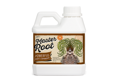 Garrafa branca de produto Master Root com rótulo castanho e ilustração distintiva