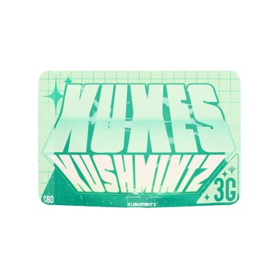 Embalagem retangular verde com texto KUKES KUSHMINTZ 3G CBD