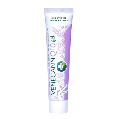 Tubo de creme gel branco e lilás Venecanno Q10 com textos e selo