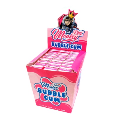 Caixa rosa King Monkey Bubble Gum com macaco de coroa e várias caixas pequenas