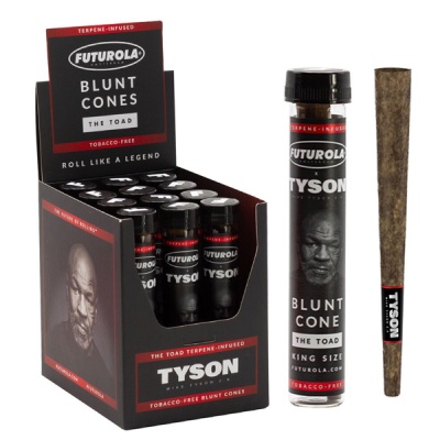 Expositor com frascos Futurola x Tyson blunt cones, blunt enrolado e embalagem preta com rosto de Mike Tyson