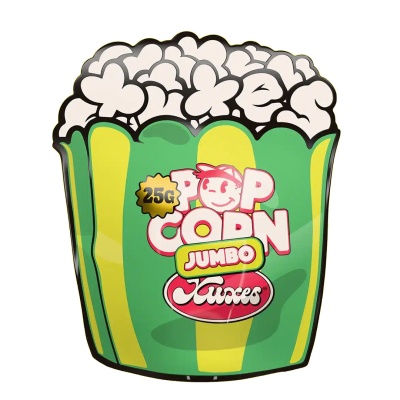 Embalagem de pipocas verde e amarela com texto POP CORN JUMBO Quixxes
