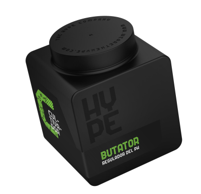 Frasco preto quadrado com texto HYPE e BUTATOR regulador de pH em verde e branco