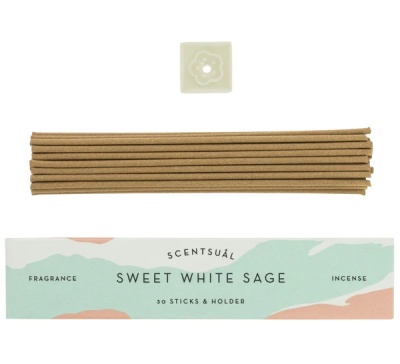 Conjunto de incenso com 30 varetas castanhas, suporte branco e embalagem colorida