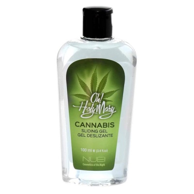 Frasco de gel deslizante cannabis Oh! Holy Mary com rótulo verde e folha de cannabis