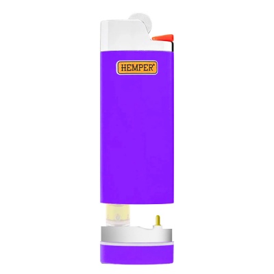 Isqueiro roxo com etiqueta HEMPER e detalhes brancos e laranja