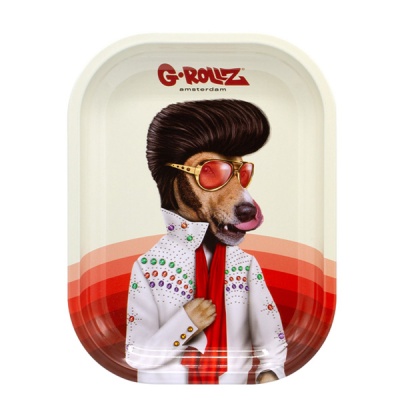 Tabuleiro metálico com cão vestido como Elvis Presley e fundo vermelho