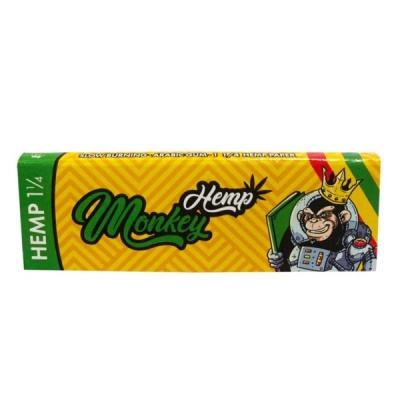 Pacote amarelo de papel de cânhamo com ilustração de macaco astronauta e texto Monkey Hemp