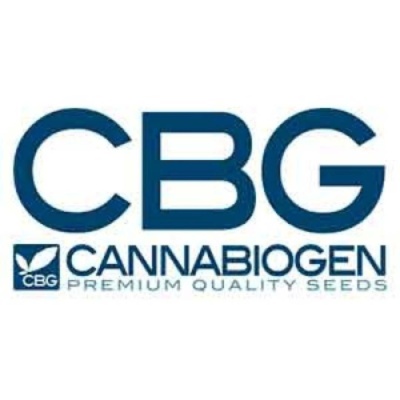 Logótipo CBG CANNABIOGEN PREMIUM QUALITY SEEDS em azul com ícone de folhas