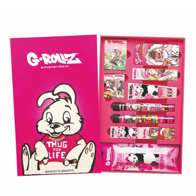 Conjunto G-Rollz Amsterdam com papéis para enrolar e tubos decorados em caixa rosa