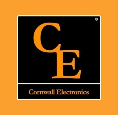 Logótipo preto e laranja com texto Cornwall Electronics