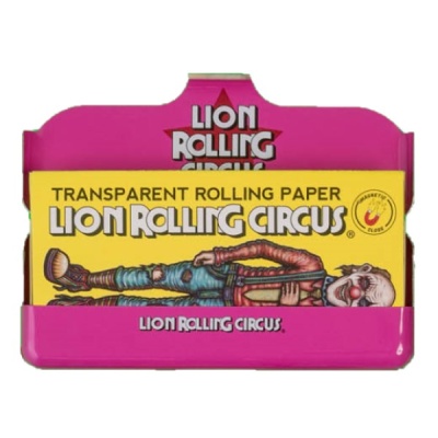 Pacote de papel de enrolar transparente Lion Rolling Circus amarelo com ilustração de clown e embalagem rosa