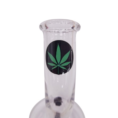 Bocal de vidro com etiqueta de folha de cannabis verde