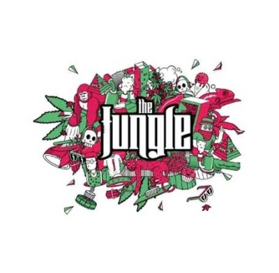 Ilustração com o texto the jungle rodeado por animais e plantas coloridos