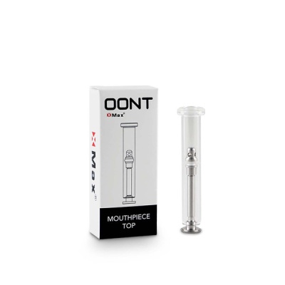 Acessório metálico em tubo transparente ao lado de caixa branca OONT XMax com texto MOUTHPIECE TOP