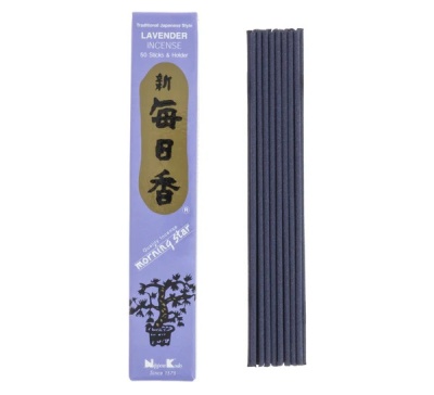 Incenso de lavanda em embalagem azul com caracteres japoneses e 50 varetas alinhadas