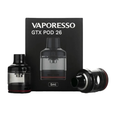 Vaporizadores Vaporesso GTX POD 26 em preto com caixa preta e texto branco