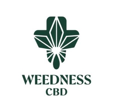 Logótipo WEEDNESS CBD com folha estilizada e cruz verde escuro