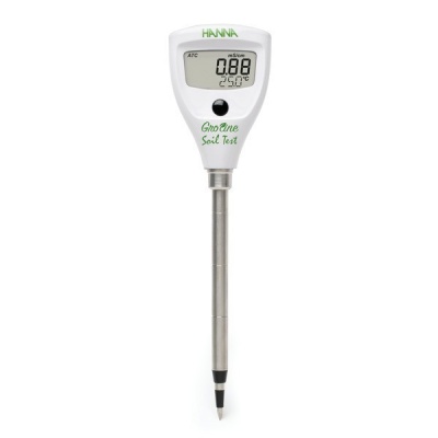 Medidor digital de solo branco com visor LCD e haste metálica.