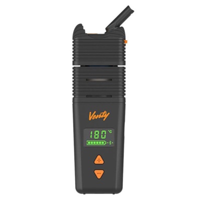 Vaporizador portátil preto com visor digital e botões laranja