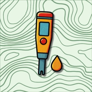 Desenho colorido de um medidor digital e uma gota sobre fundo com linhas curvas verdes.