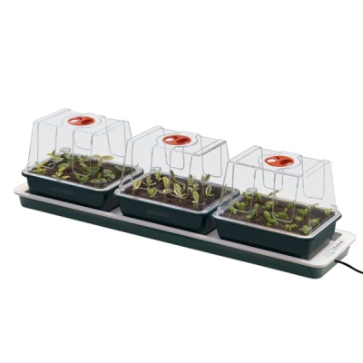 Estufa de germinação com três bandejas e tampas transparentes em base elétrica branca.