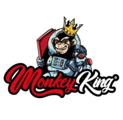 Logo de macaco astronauta com coroa e texto Monkey King