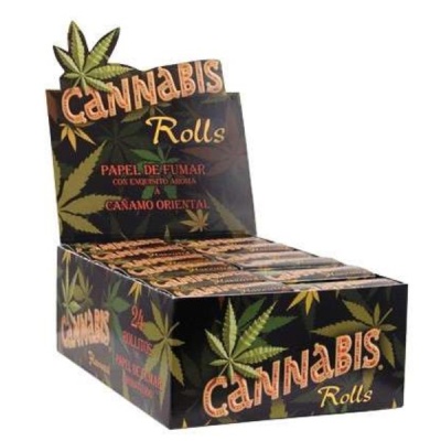 Caixa aberta de papel de fumar Cannabis Rolls com folhas de cânhamo no design