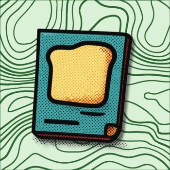 Imagem animada de fatia de pão dentro de quadro azul com fundo linhas verdes