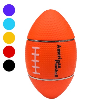 Frasco em forma de bola de futebol americano cor laranja com detalhes brancos e texto preto