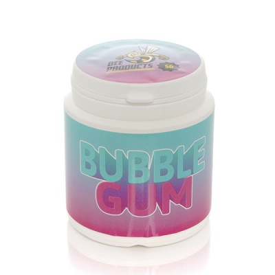 Frasco branco de plástico com rótulo colorido e texto BUBBLE GUM