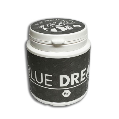 Frasco branco com rótulo preto e texto BLUE DREAM e 5gr
