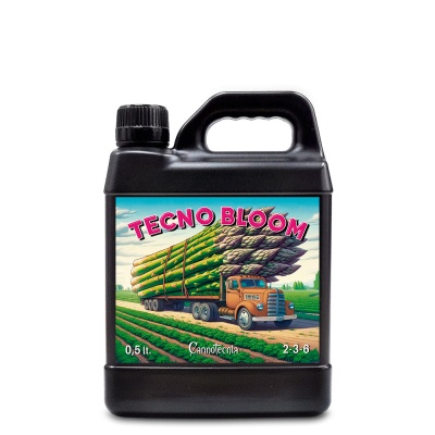 Frasco preto com rótulo de fertilizante Tecno Bloom com camioneta e espargos