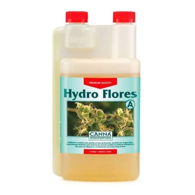 Frasco de fertilizante Hydro Flores A com rótulo azul e vermelho